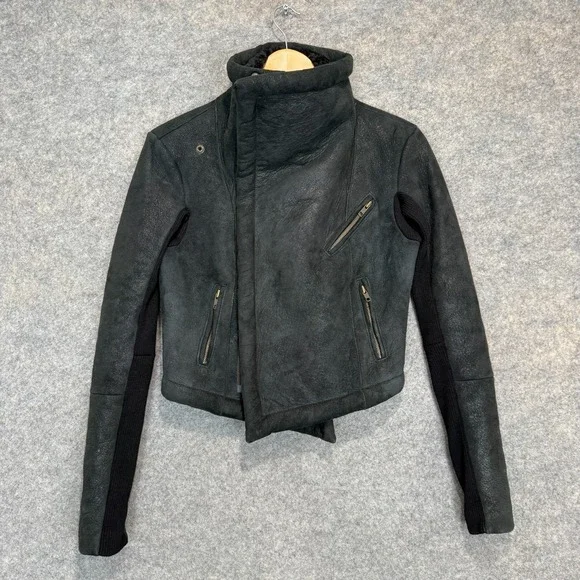 Veda 100% Shearling Leather Fur Moto Jacket Womens Small Motorcycle Designer Zip - Picture 6 of 16